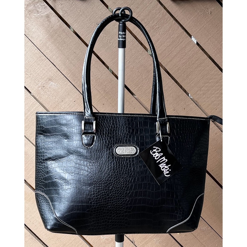 NWT Bob Mackie Faux Croc Shoulder Bag Handbag Tote Black